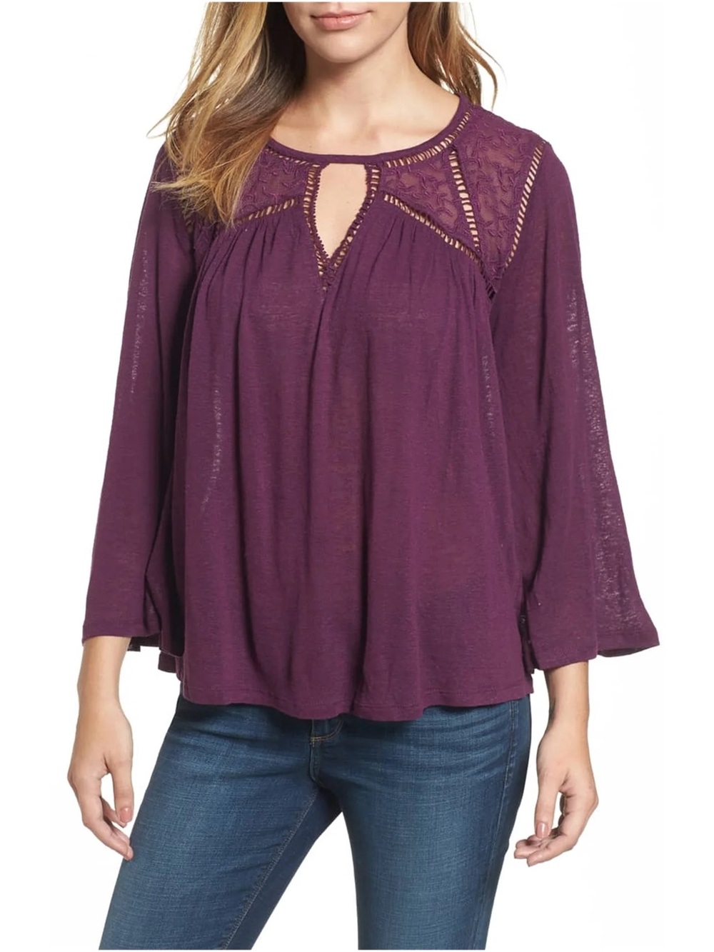 Lucky Brand Lace Mix Plum Keyhole Peasant Blouse Boho Chic Fall M